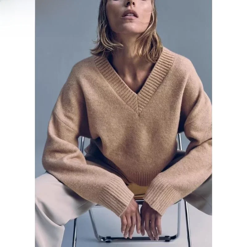 

Soft Casual Long Sve V-Ne Ribbed Knitwear Autumn New Sle Polyester Fiber Commute Sle Regular Length Overhead Wear