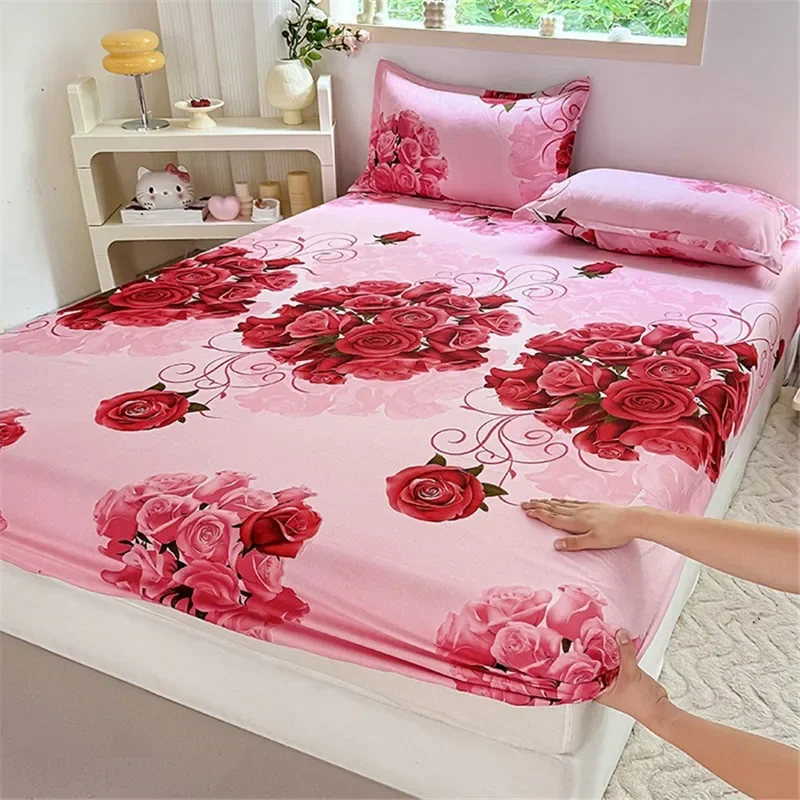 Romantic Pink Rose Floral Print Stretch Bedspread Cover Anti‑slip American Style Bed Cover Single Double Large Size