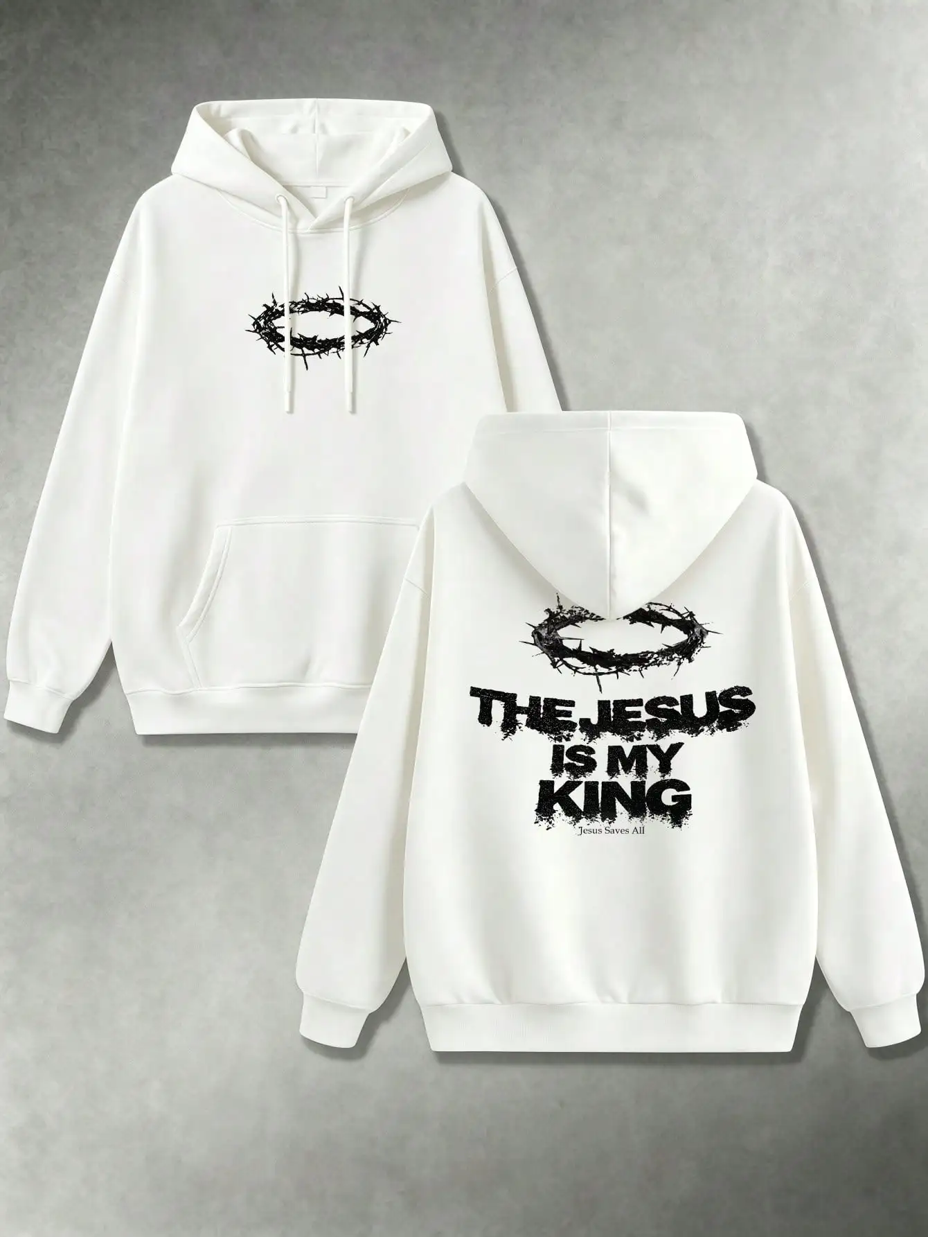 Menswear Y2K Streetwear Double Sided Print Mens Graphic Hoodie Style Fall Winter Distressed Slogan Thorn Crown Pullovers Urban Casual Regular Fit Tops
