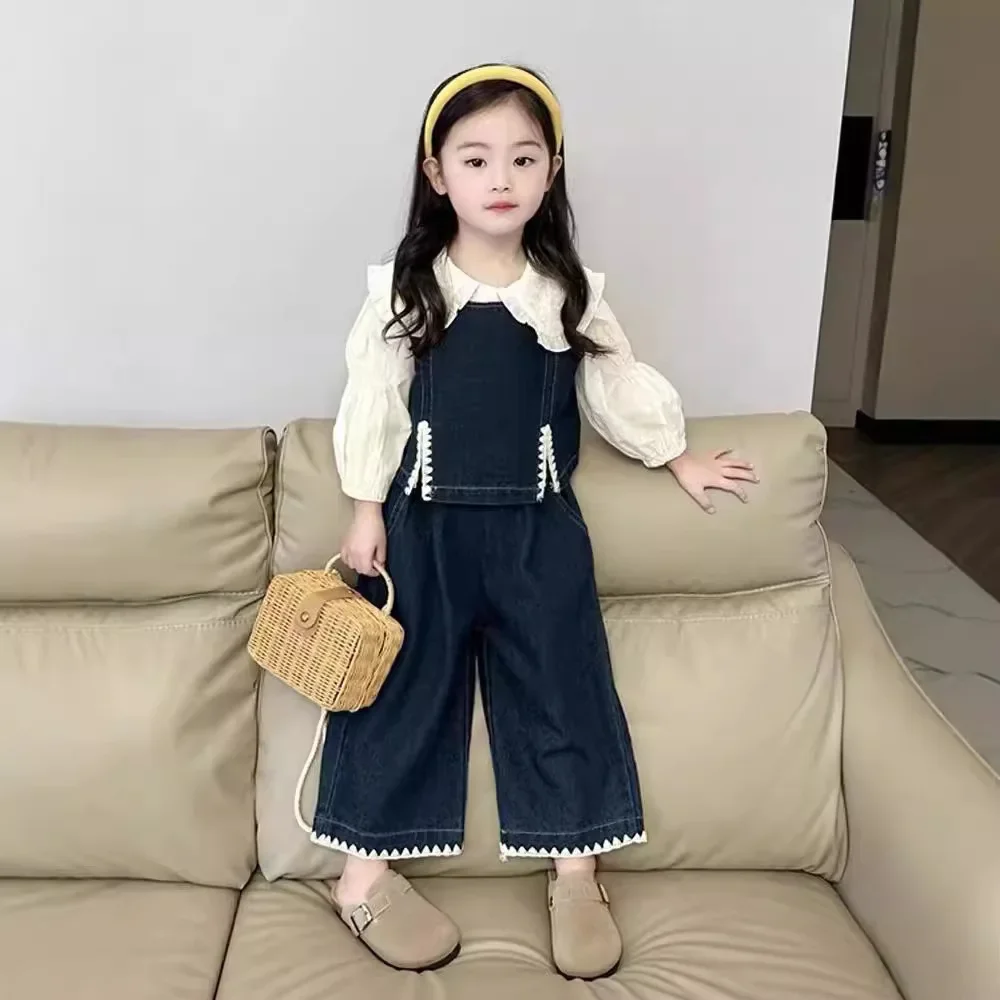 2024 Autumn Toddler Girl 3PCS Clothes Set Cotton Solid Ruffle Collar Shirt Suit Korean Denim Vest+straight Pant Baby Girl Outfit