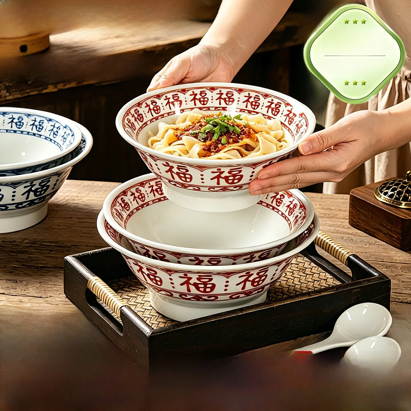 Commercial Grade Melamine Bowls Chinese Restaurant Special Fried Sauce Noodles Longevity Noodles Rice Noodles Lucky Character