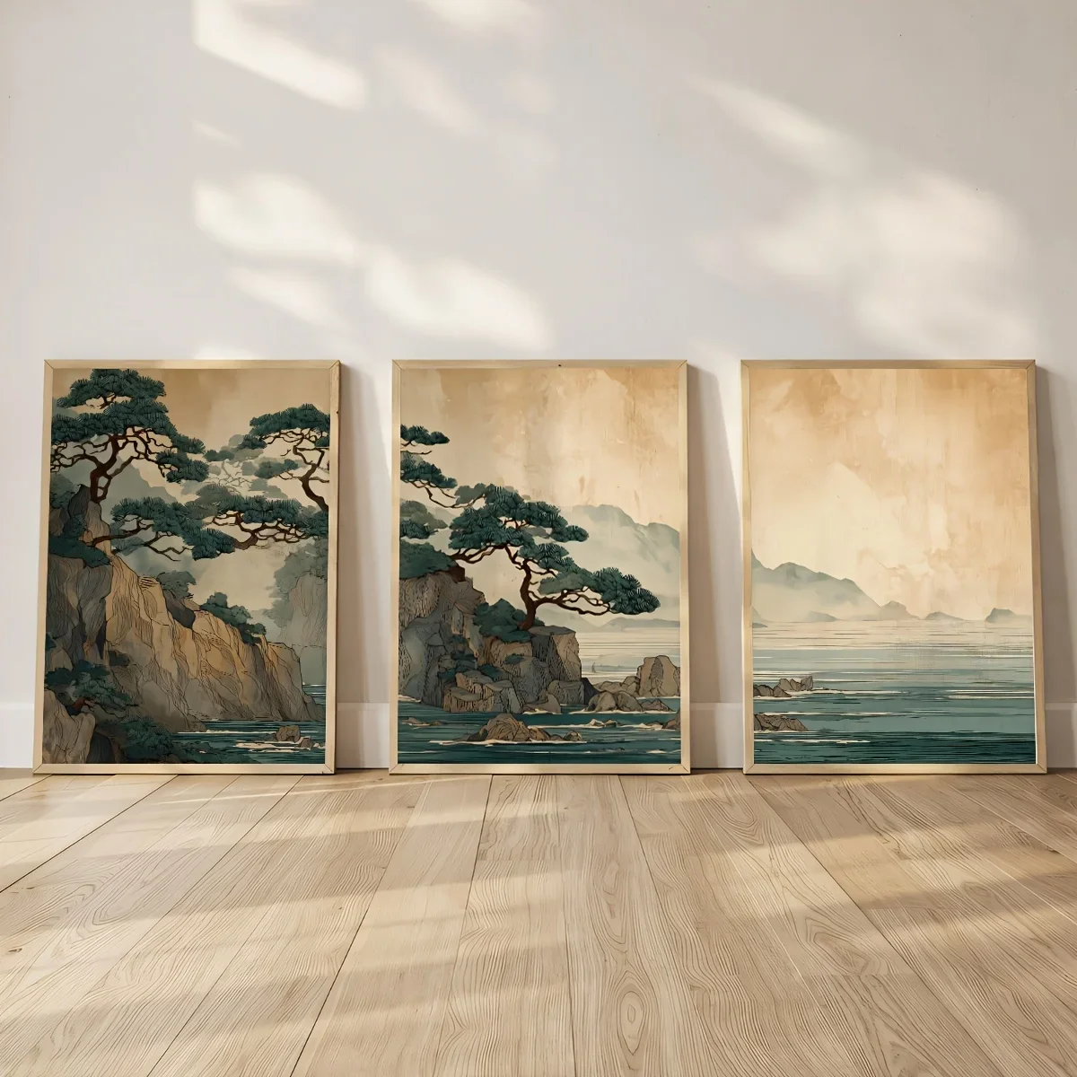 3PCS Large-sized frameless canvas paintings,3pcs/set Japanese Cliff and Ocean Landscape Canvas Prints Poster Vintage Japandi Cal