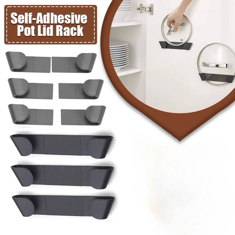 

3 Pairs Self-Adhesive Pot Lid Organizer Rack Wall-Mounted No Punching Household Kitchen Storage Holder Pan Lid Pot Cover Racks