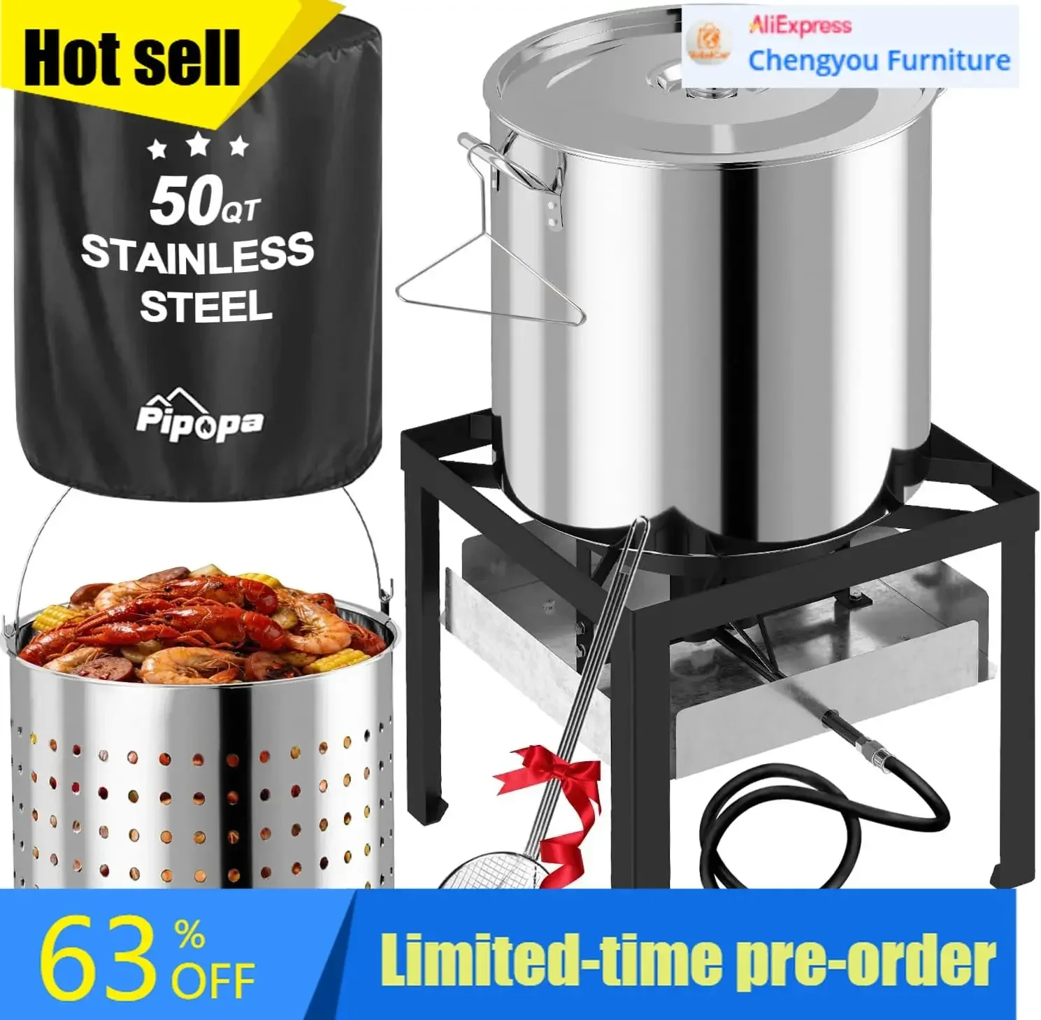 Stainless Steel Seafood Boiler Propane Jet Burner Crawfish Cooker With Basket Cover Skimmer Regulator