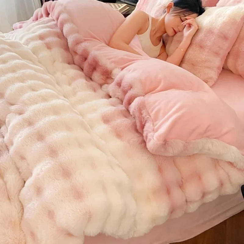 Machine Washable Rabbit Plush Bedding 4pcs Set Durable Colorfast Anti-static Coral Velvet Bedcloth Anti-pilling Warm Quilt Cover