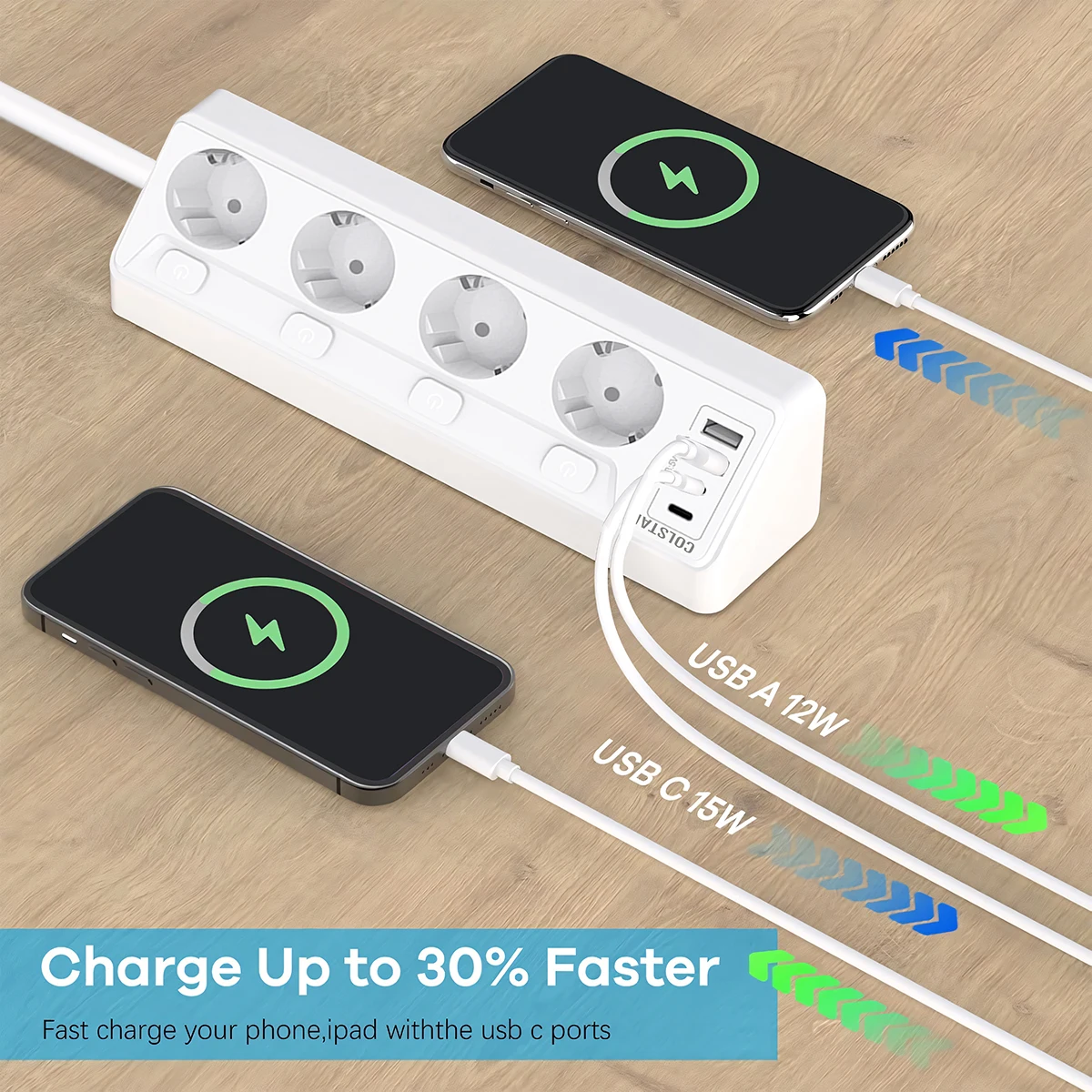 EU Power Strip Multi Electric Socket Network Filter 4 Outlets 4USB Ports Fast Charging 6.5FT Extension Cable Independent Switch