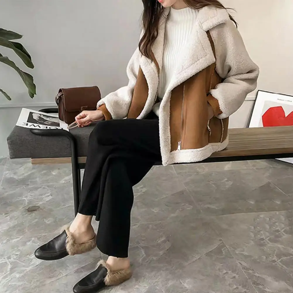 معطف لامبسوول مقاوم للرياح مع ياقة مطوية للنساء ، جاكيت مخملي ، أنيق ، جيوب بسحاب ، دافئ ، شتاء