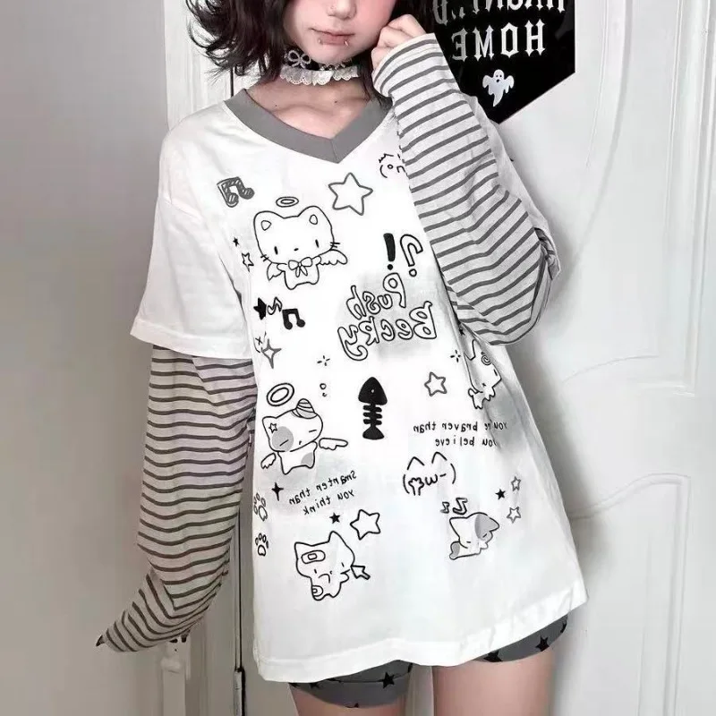 

Футболка с длинным рукавом, забавные рубашки, футболки с рисунком милого кота, женская осенняя одежда, рубашка Y2k, топы в стиле аниме Kawaii, футболки Cutecore, новинка