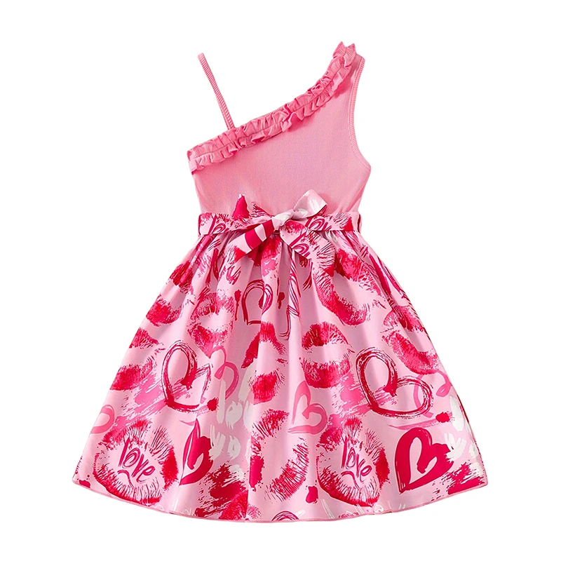 Girls A-line Dress Sleeveless Frills Heart Print Party Dress Summer Dress with Belt