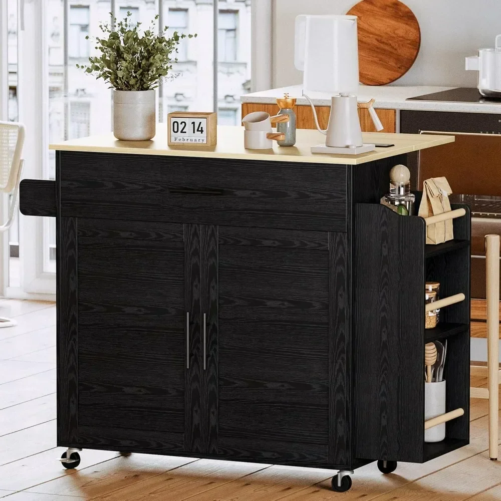 Hot-sellingRolling Kitchen Island with Drop Leaf, Storage, Charging Station, and Spice Rack