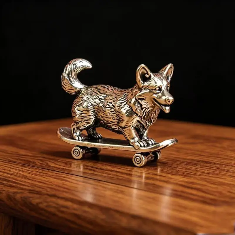 [S]Brass Skateboard Dog Miniature Figurine – Fun Desktop Ornament, Lucky Mascot, And Tea Pet Collectible For Home Or Office