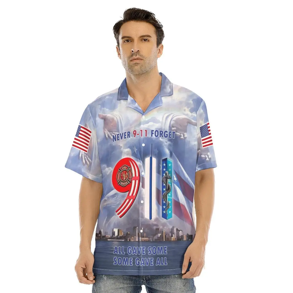 

New Hawaiian Men Shirts Memorial Theme Never Forget 911 Printed Summer Casual Shirts Shorts Sleeve for Men