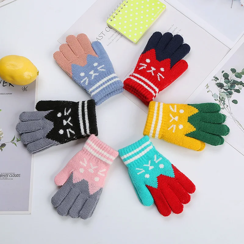 Guantes de invierno para niños, manoplas cálidas de punto con bloqueo de Color, para bebés, niños y niños pequeños, Guantes de gato de dibujos animados