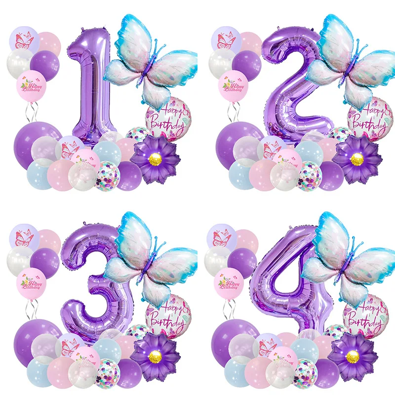 Lila Schmetterling Ballon Set Geburtstag Party Säule Digital Latex Ballon Junge Mädchen Erwachsene Frau Mann Party Dekorationen Abschlussfeier