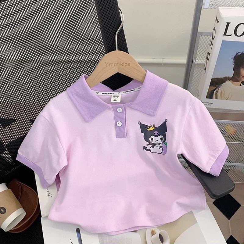 Anime Kawaii Sanrio Kuromi Polo Collar Casual Suit Cartoon Girls Cute Summer Shorts Short Sleeves Outdoor Sports Clothing