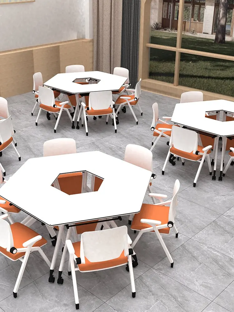 Folding Training Table Hexagonal Stitching School Desk and Chair Movable Group Activity Combination Table