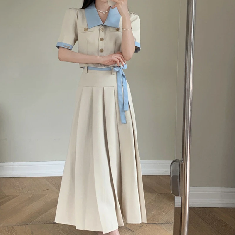 Women Preppy Style Patchwork Coat Skirts Two Piece Dress Set Summer 2023 Korean Lady Graceful Short Jacket Skirt with Waist Suit