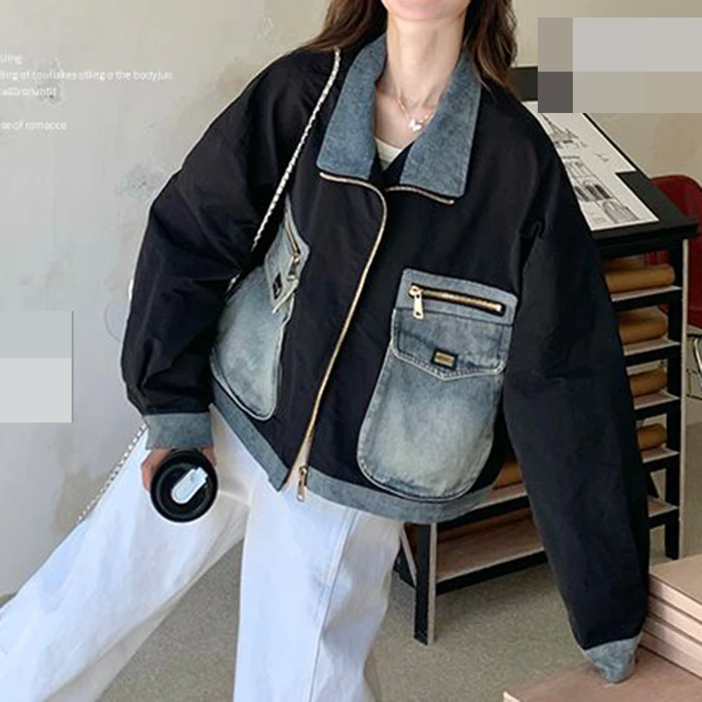 Retro denim spliced jacket women's 2025 spring new small design sense fashion sweet cool short jacket