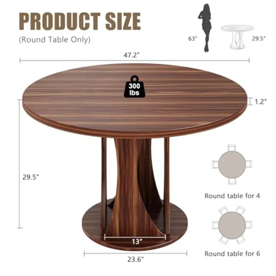 Round Dining Table for 4-6 People, Mid-Century Modern Kitchen Living Room Table with Sturdy Double Arc Base, Rounded Pedestal,