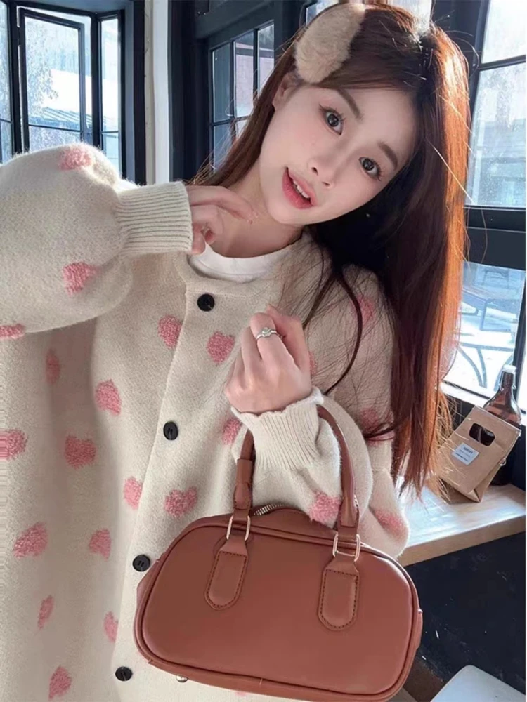 Cardigan Women Heart Graphic Panelled Sweet Retro Korean Style Popular Fashion Young Knitting Round Neck Spring College Clothing