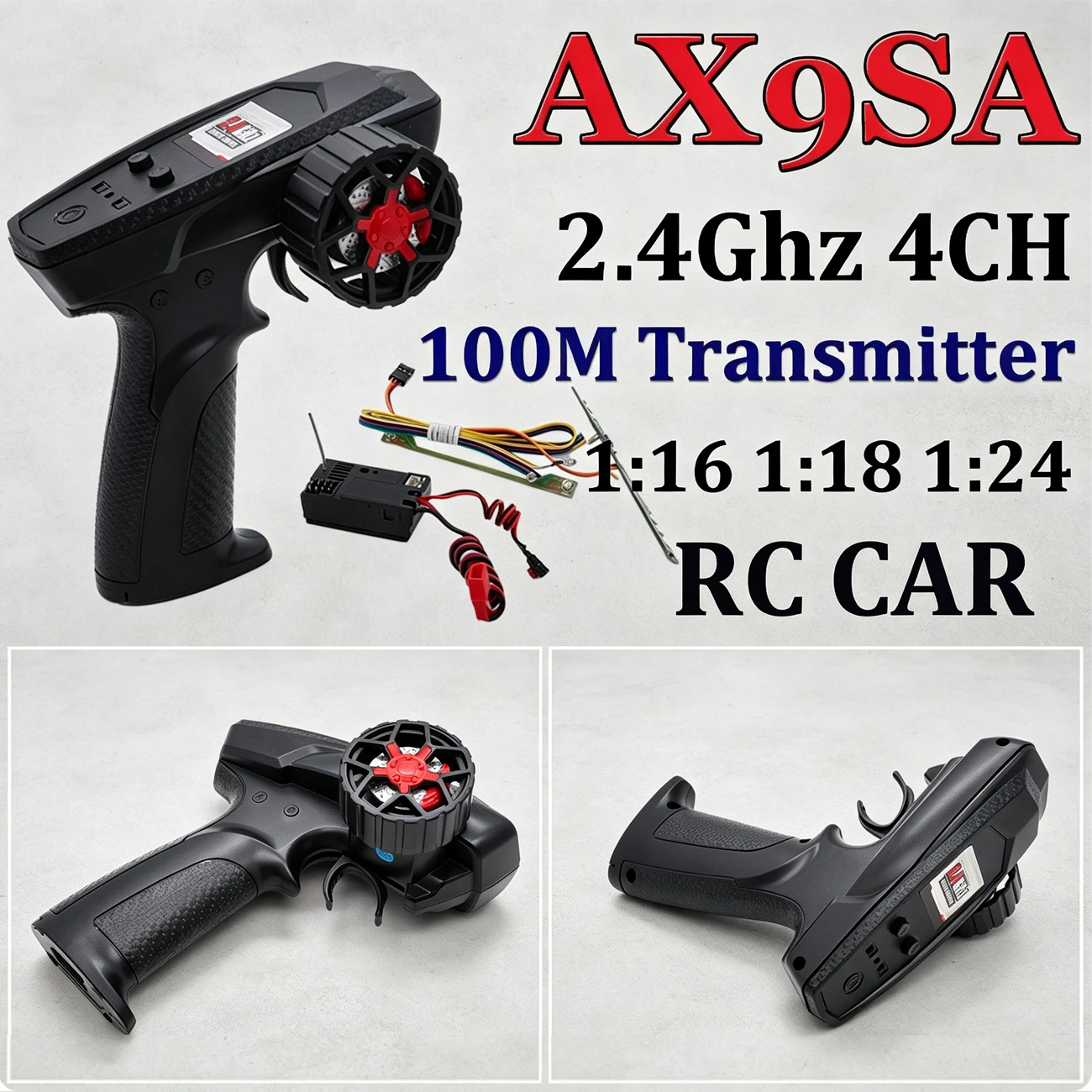 

YSIDO AX9SA 2.4Ghz 4CH RC Transmitter 100M with 2-in-1 Receiver Lights Control Combo Kit for 1/16 1/18 1/24 RC Car Model Upgrade