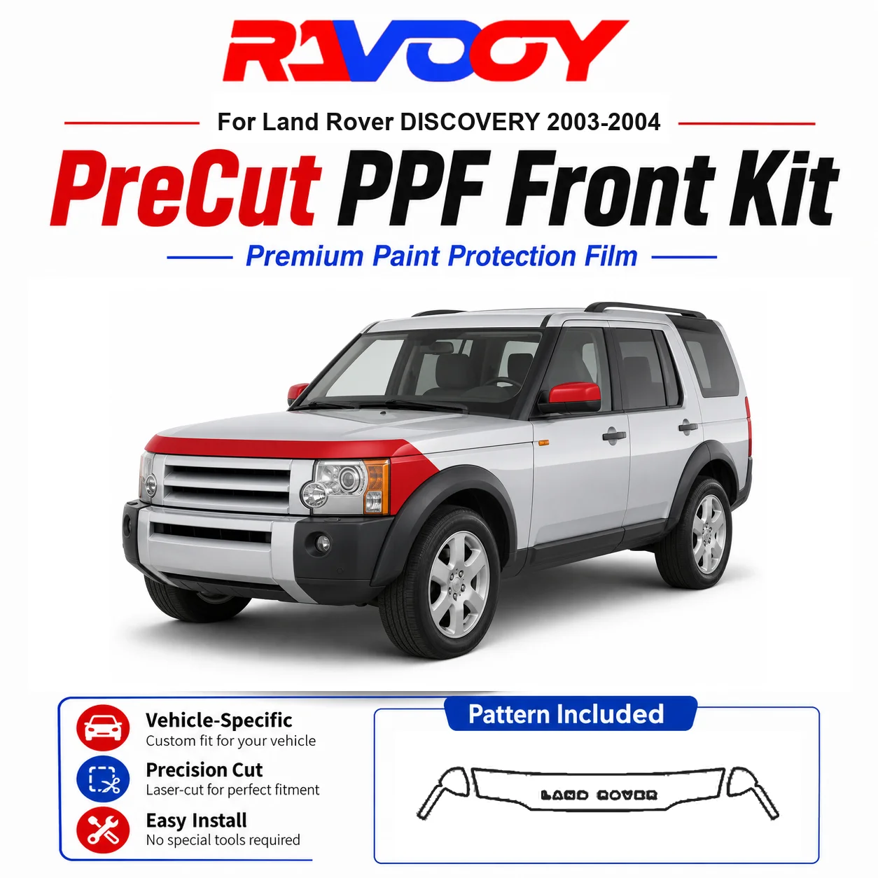Kit de protection PPF pré-découpé en TPU 8,5 mil pour Land Rover DISCOVERY 2003-2004 - Ensemble capot, ailes et rétroviseurs - Film transparent auto-réparant