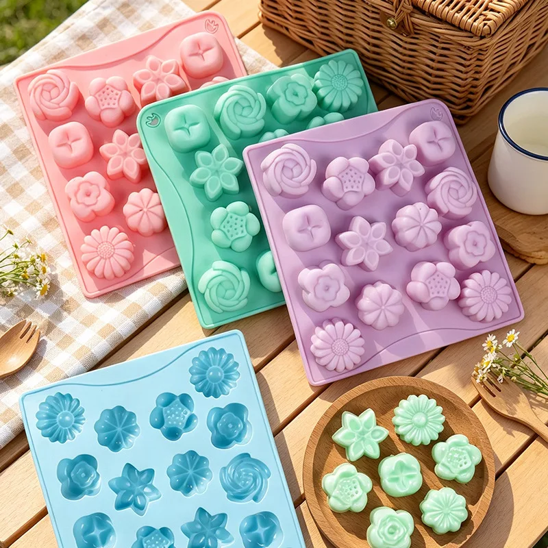 14 Cavity Flower Silicone Mold, Cake Ice Cream Pudding Dessert Mold, Soap Making Baking Tools