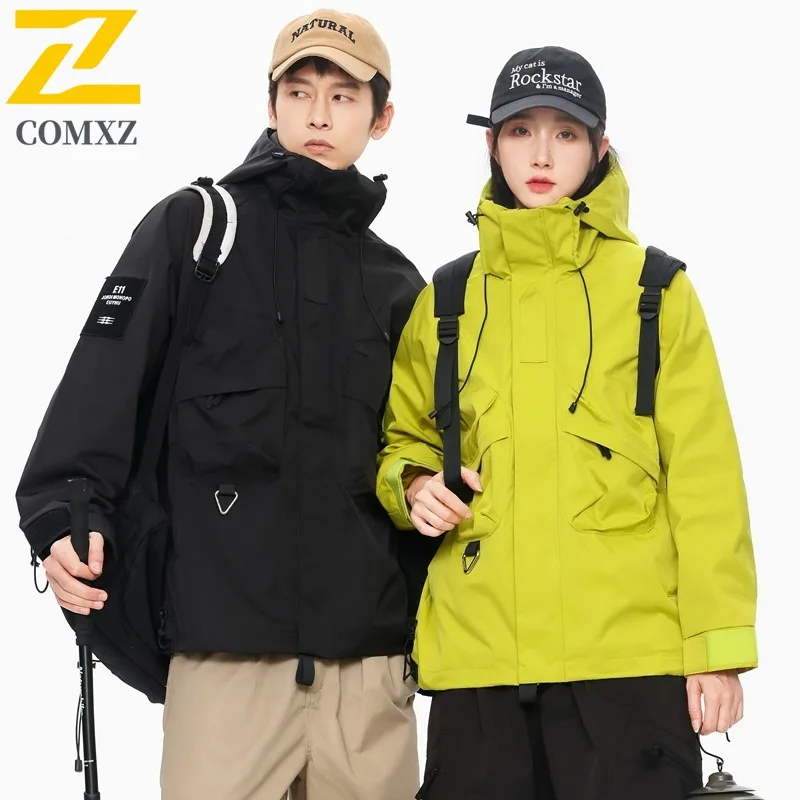 

COMXZ 2025 Мужская и женская рабочая одежда, куртка для пар, модная ветровка с несколькими карманами, водонепроницаемая, устойчивая к пятнам повседневная куртка с капюшоном