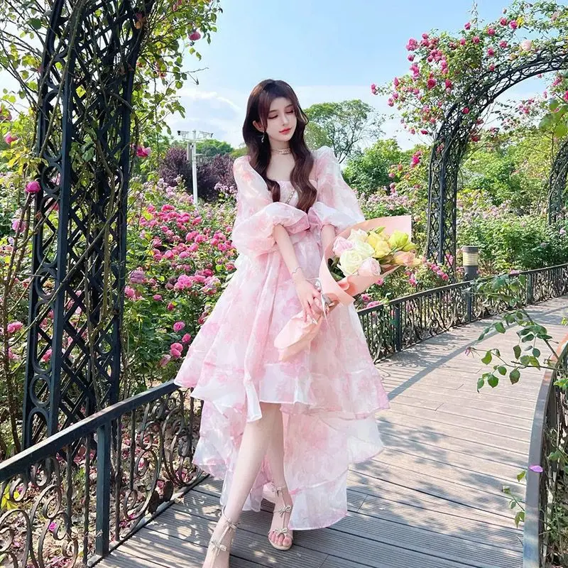 French high-grade niche design tea break light luxury dress female floral bubble sleeve square collar fairy skirt