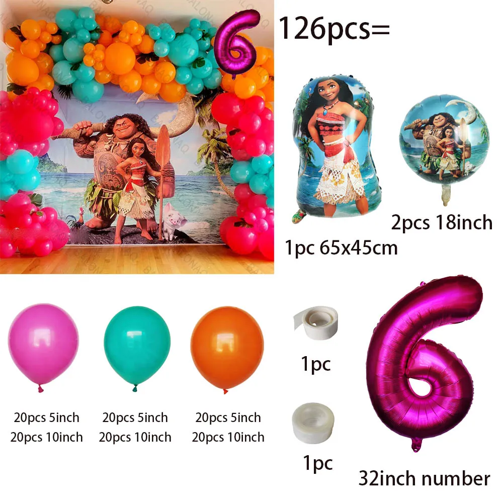 126PCS Disney Moana Palloncini Ghirlanda Arco Kit Compleanno arancione Palloncino in lattice Decorazioni per feste Globos Regali per ragazze Decorazione per baby shower