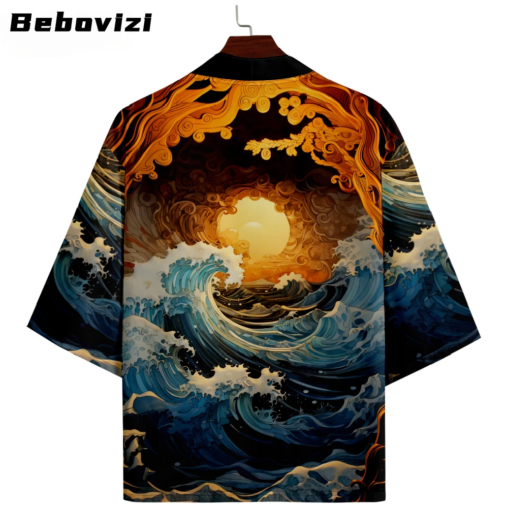 Bebovizi-Kimono japonés con estampado de olas para hombre y mujer, cárdigan informal, ropa japonesa holgada, nuevo diseño