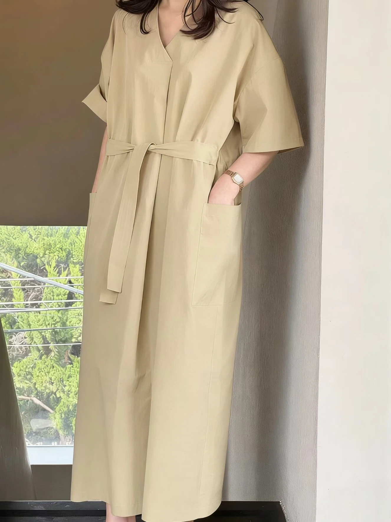 Loose Women's Dress with Big Pockets Drawstring Waist Slimming Straight Tube Long Dress Cotton Casual Style V-Neck Short Sleeve
