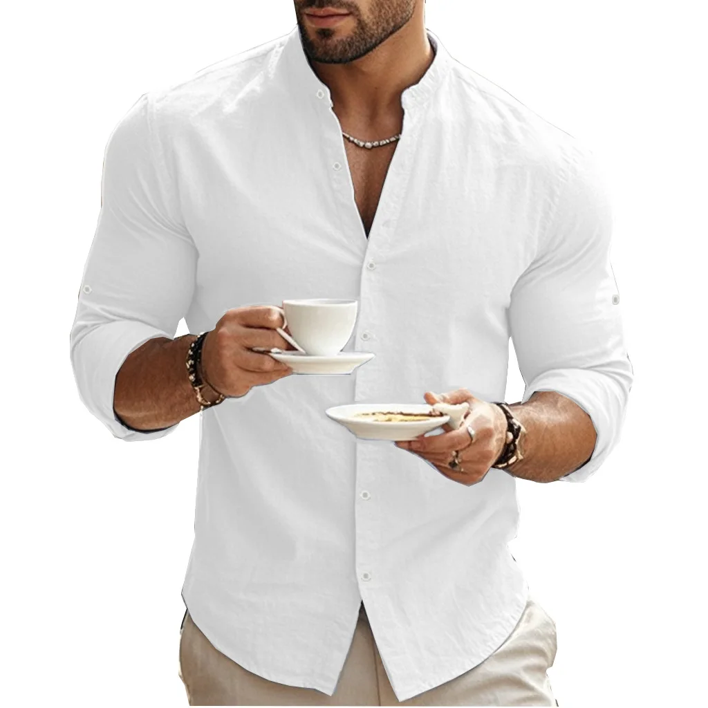 

2026 Spring/Summer New European and American Men's Linen Cardigan Shirt Stand Up Collar Solid Color Long Sleeve Casual Top