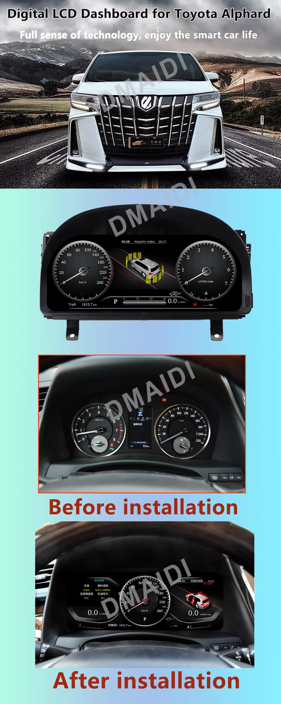 12.3 Inch Dashboard Display For Toyota Alphard 2008-2018 Car Digital LCD Instructment Panel Linux System Virtual Cockpit