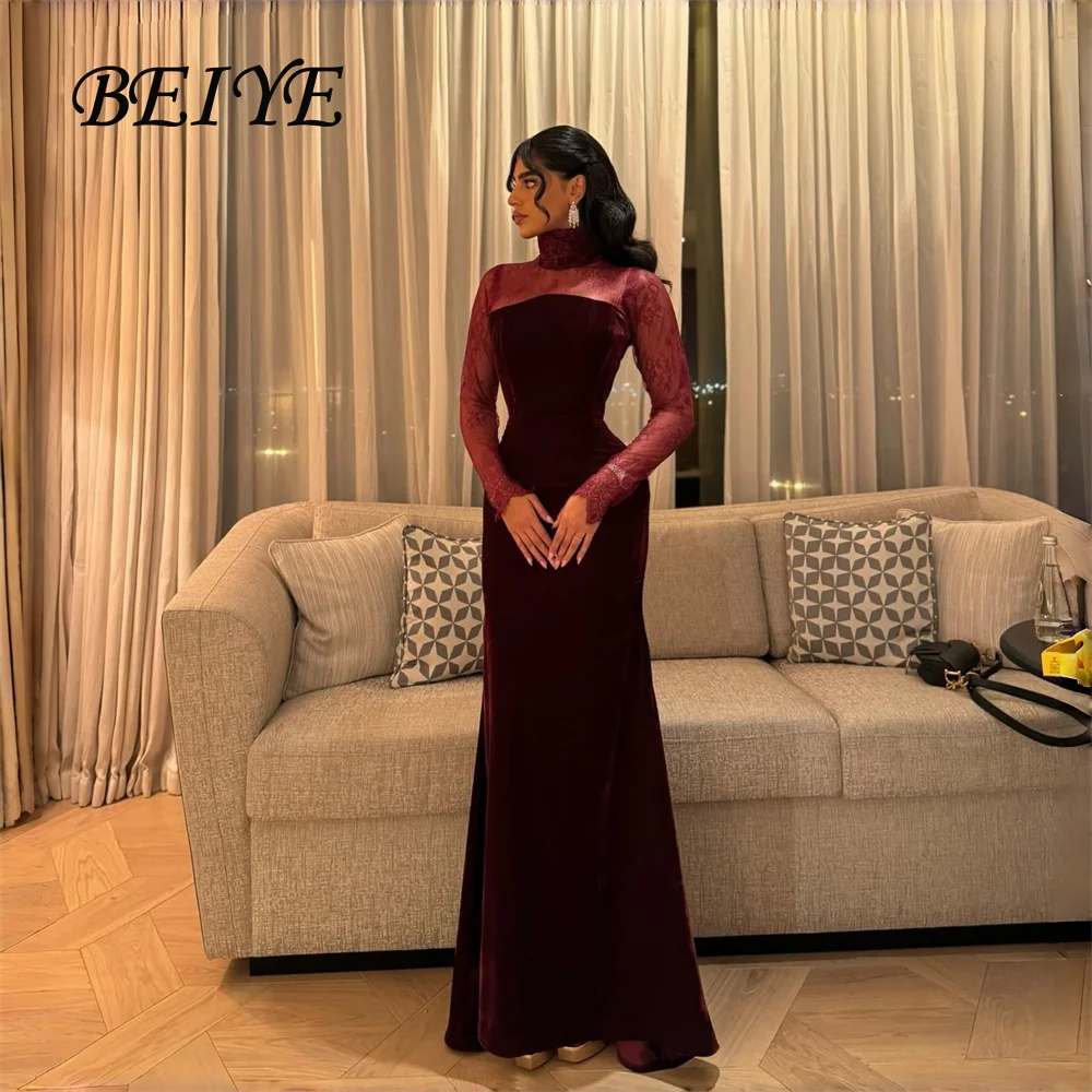 

BEIYE винтажное кружевное вечернее платье русалки с длинными рукавами, женское бархатное платье для выпускного вечера с высоким воротником, вечернее платье по индивидуальному заказу