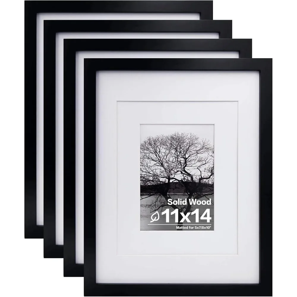 

11x14 Picture Frames Set of 4 Solid Wood Tabletop or Wall Display with Plexiglass for 5x7 8x10 with Mat and 11x14 without Mat