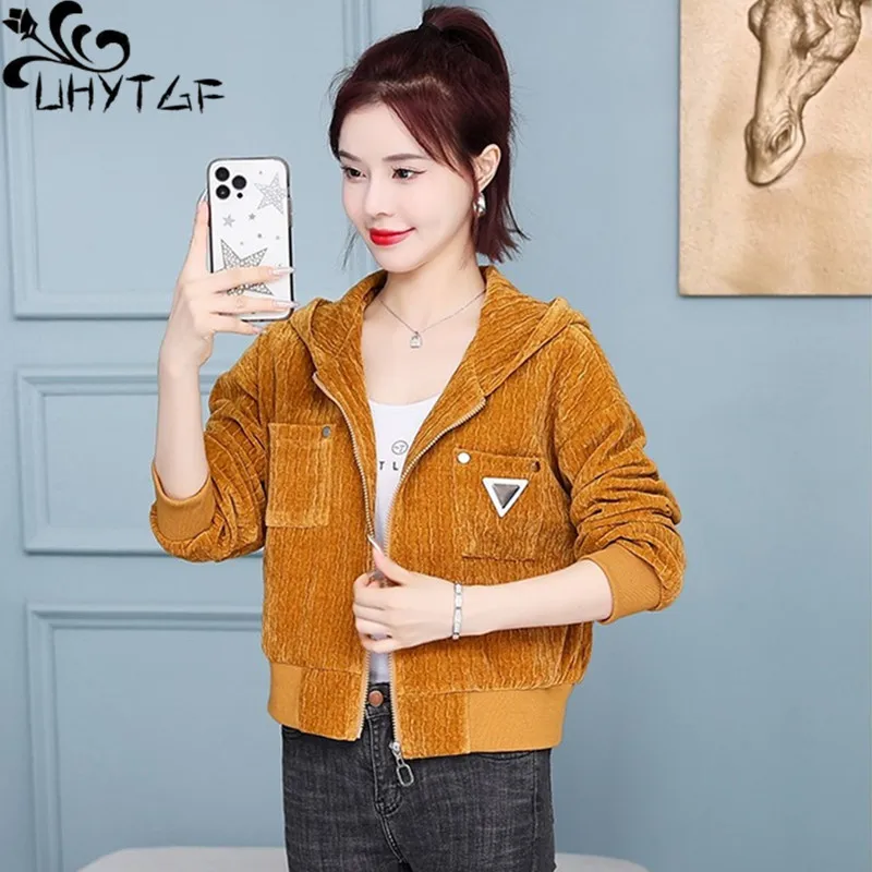 

UHYTGF Hooded Autumn Winter Coat Women's Fashion Pocket Zipper Short Jacket Female Casual Loose Sport Windbreaker Outerwear 2421