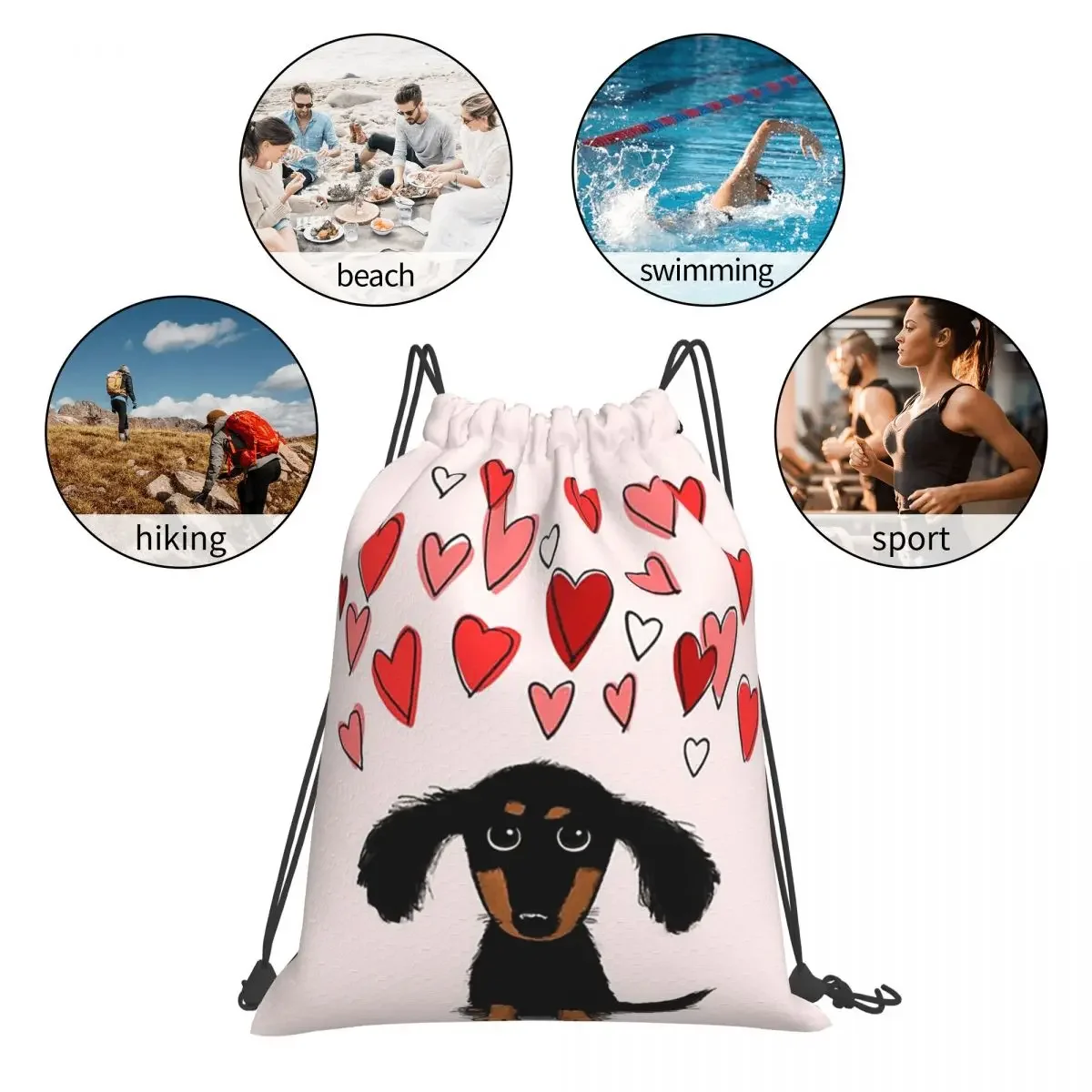 Mochila de perro salchicha con corazones de San Valentín, morral con cordón, bolsa deportiva con bolsillo