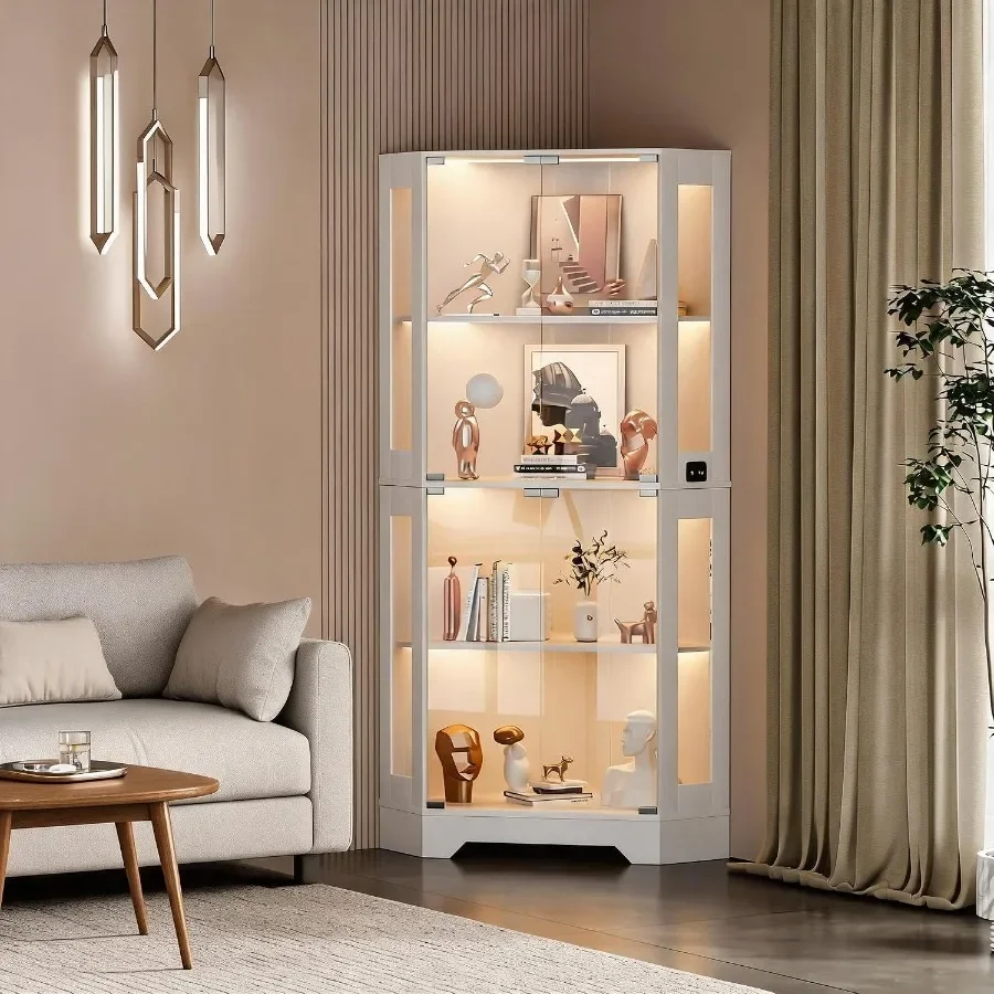 65 White Corner Collectible Curio Cabinet with Motion-Sensor 3-Color LED Light for Display and Storage view 5