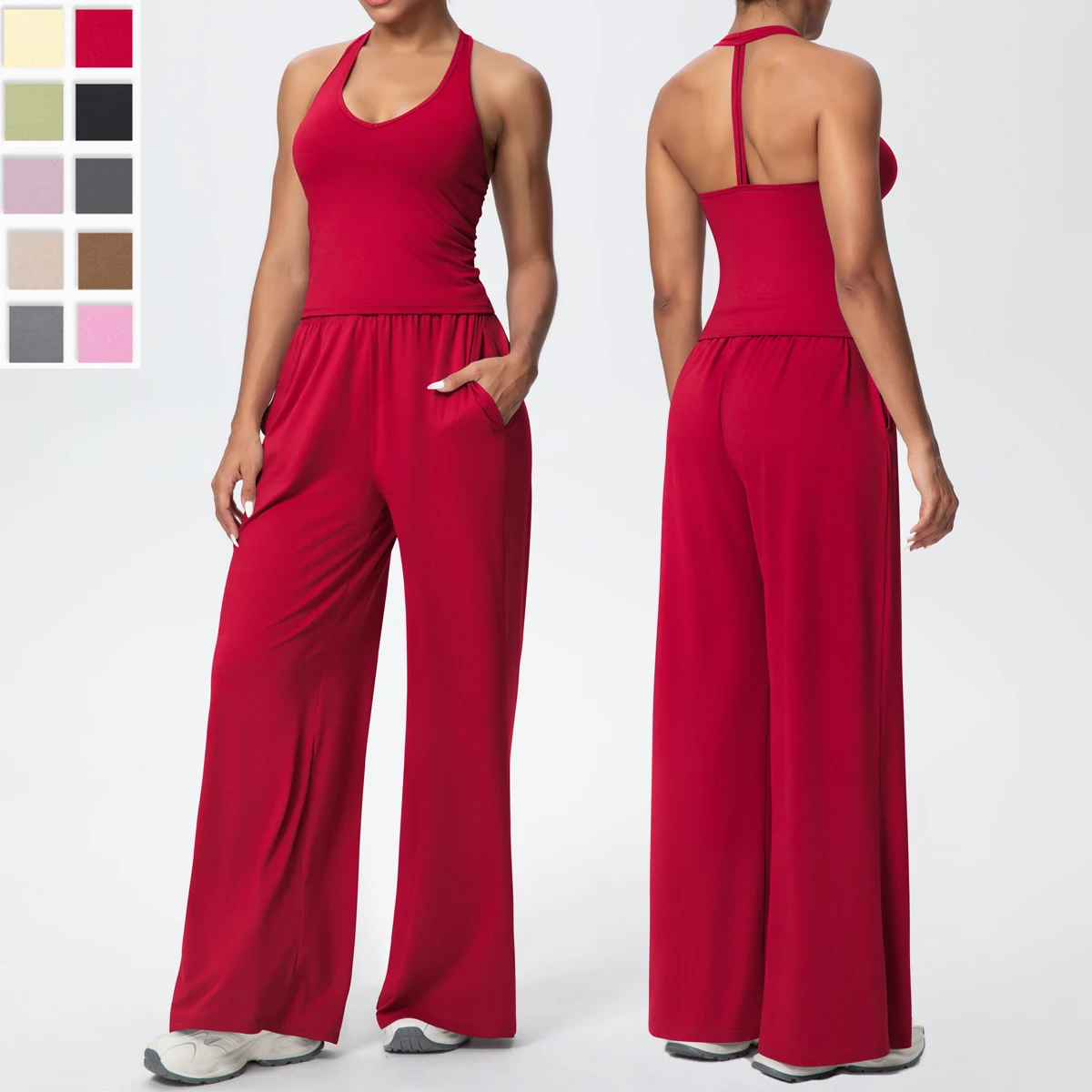 

2 шт., быстросохнущий комплект для йоги в тренажерном зале, дышащие свободные брюки для фитнеса, спорта, сексуальный жилет для йоги с открытой спиной, широкие брюки, спортивный комплект