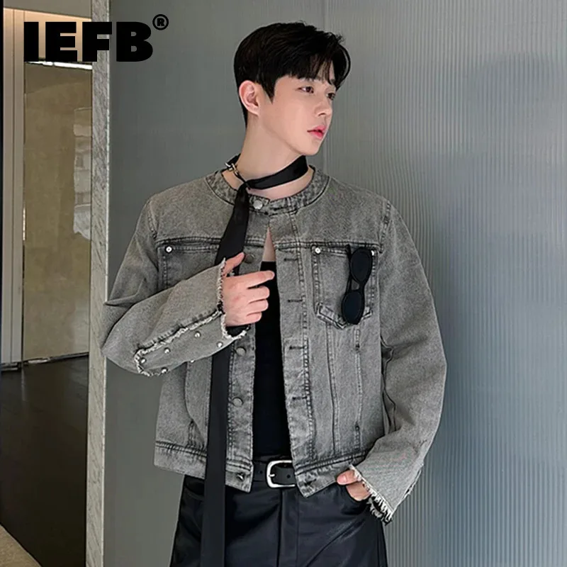 

IEFB Niche Design Men's Denim Jackets Short Rivet Collarless Washed Worn-out Raw Edge Casual Solid Color Male Coats New 9C7477