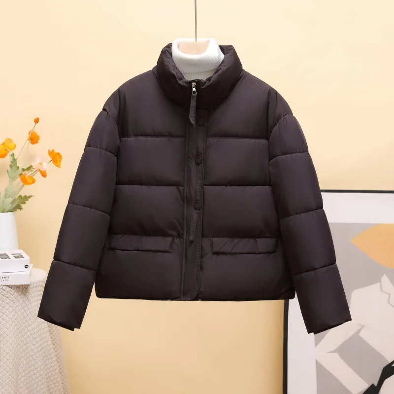 Short Women Parkas Coats Oversize Jacket Solid Stand Collar Zipper Long Sleeves Straight Thick Casual Office Lady 2025 Winter
