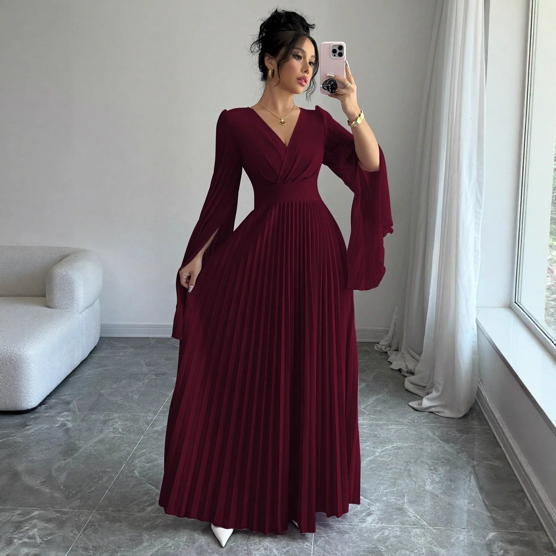 

Long Sleeve Elegant Ruffle Pleated Fashion Ladies Dresses Loose Slim Waist Woman Dress Women Autumn V-Neck Dress Flared