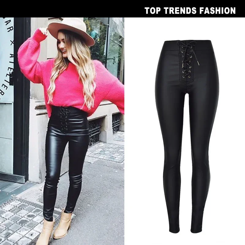 

Women's Pant High Waisted Slim Fit Elastic Metal Perforated Straps Elastic Waist PU Faux Leather Denim Leggings Womens Pants