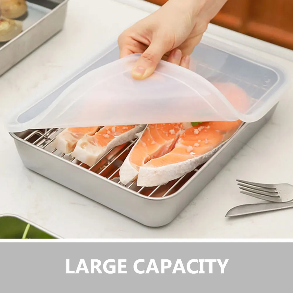 

1 Set Kitchen Airtight Food Pan Stainless Steel Deep Roasting Pan with Rack Large Capacity Oil Straining Grill Tray