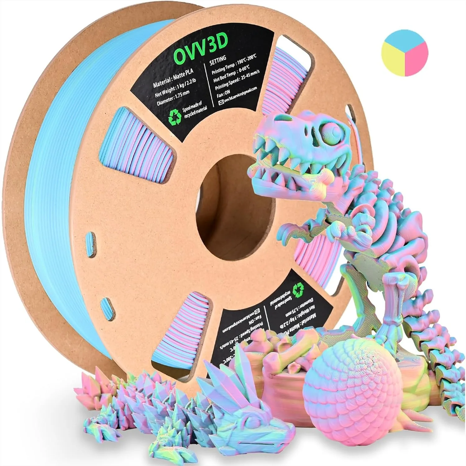 

Matte Tri-Color Rainbow PLA Filament 1.75mm, Macaron Pink Yellow Blue 3D Printer Filament for Smooth Printing, Eco-Friendly