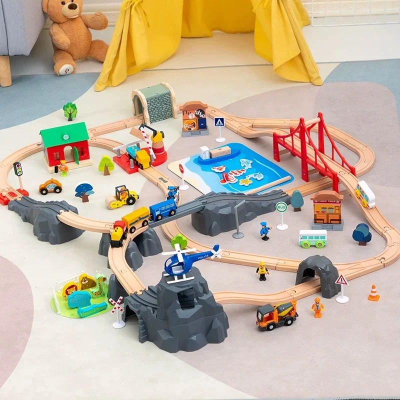 DIY Train Circular Multi-Layer Stacked Overpass Wooden Track Set Children's Toy Gift Compatible With Brands Wooden Tracks
