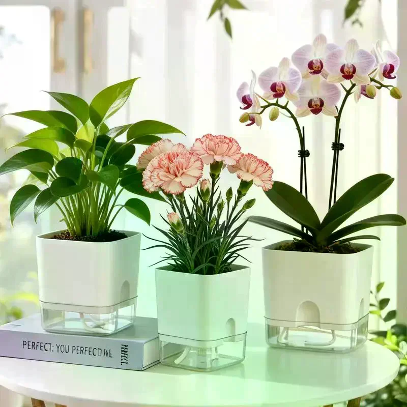 White Self Watering Plant Pot Square Double Layer Flowerpot For Home Indoor And Outdoor Balcony Garden Plants Decor Flowerpot