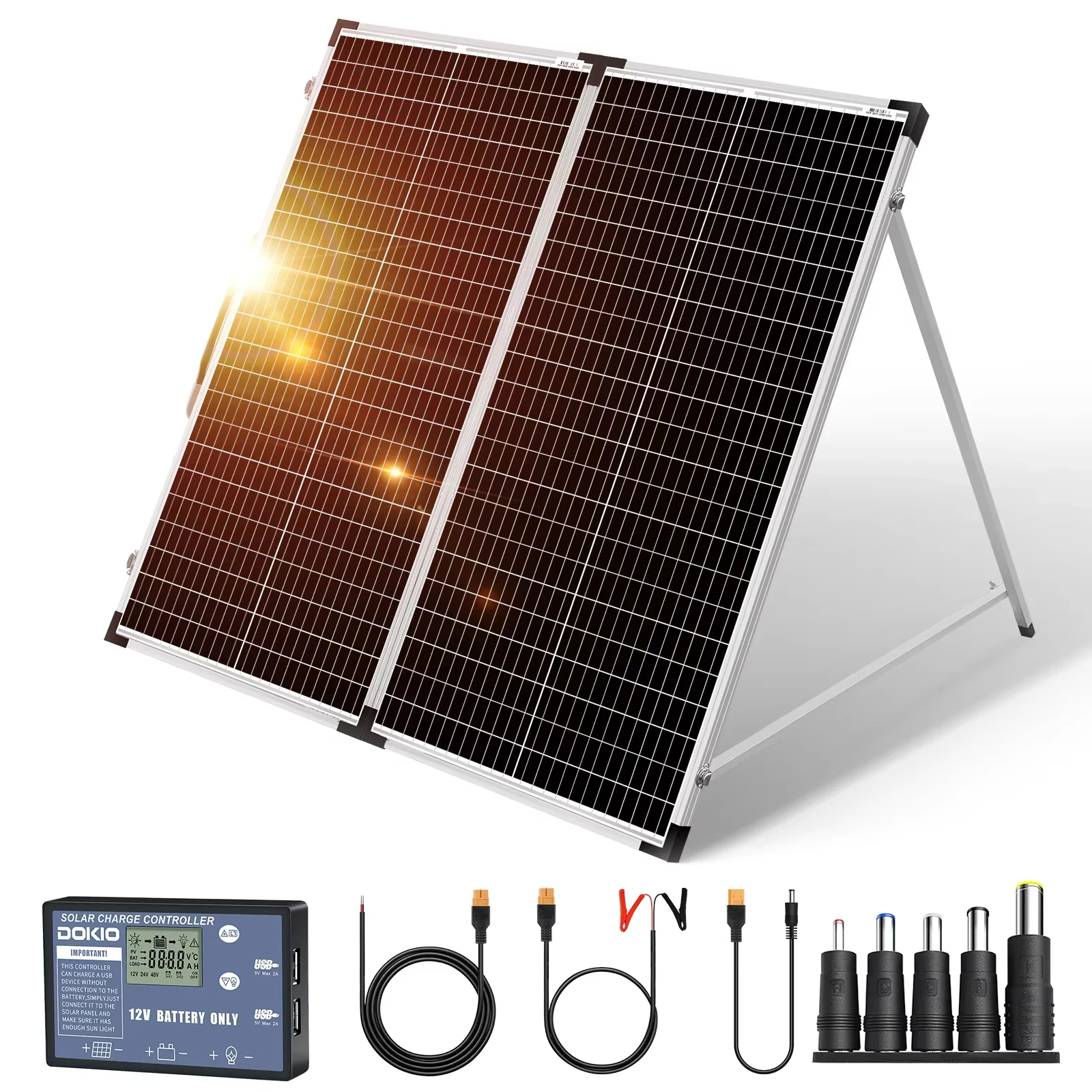 DOKIO Solar Panel 18V Zonnepaneel Opvouwbaar Zonnepanelen 100Watt Solar Pannel 160W Solar Panels 200W Zonnen Panelen + 12V Lader&5V USB Para Camping/RV Camper/El Hogar/Power Bank Zonne Energie Kit