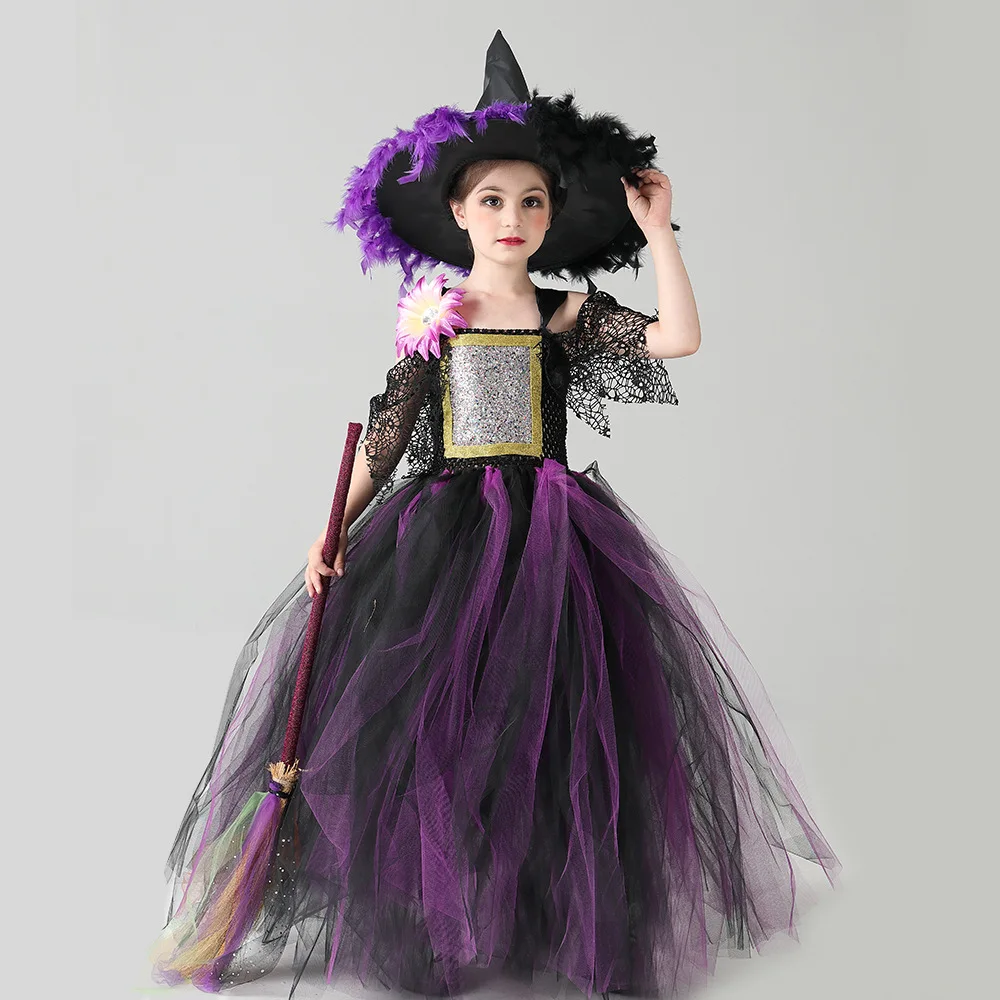 Children Long Witch Layer Mesh Tutu Dress Spider Fashion SleeveBreathable Novel Skirt With Hat Broom For Halloween Holiday Party